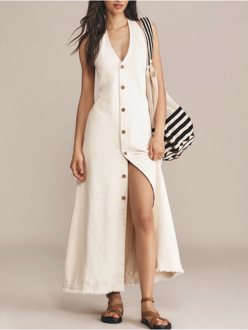 Anthropologie Sleeveless Button-Front Maxi Dress in Cream